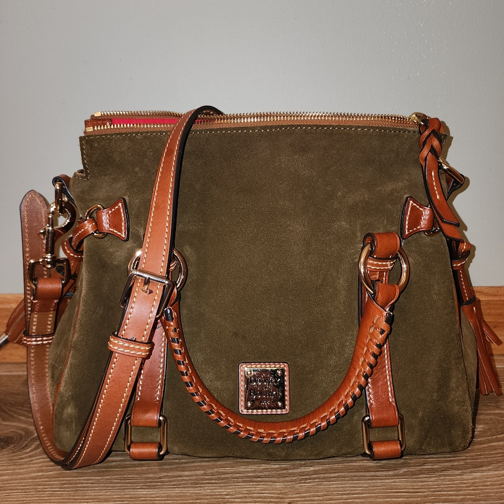 Dooney & Bourke Olive and Tan Satchel/Crossbody Bag with adjustable strap.
